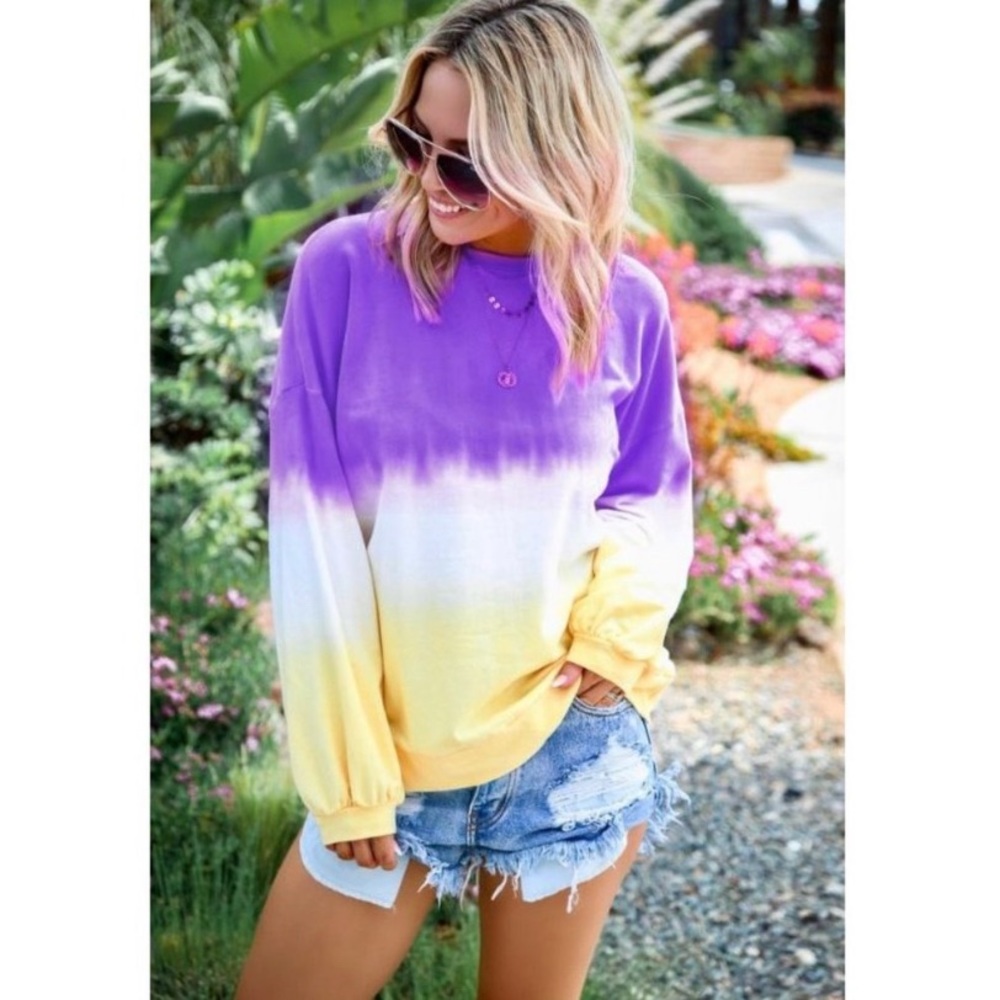 Tie Dye Purple Yellow Long Sleeve Top - Picture 2 of 6